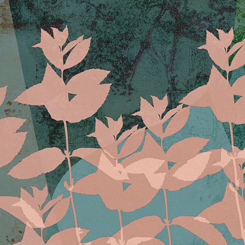 Sprookjesbos. Bladeren in warm beige en groen. Botanische abstracte kunst