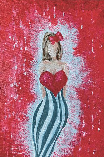 I am Love, vrouw met groot rood hart van Krista Kitsz Art