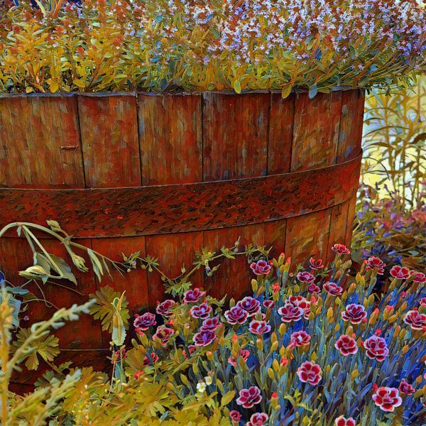 Wooden barrel full of flowers by Patricia Piotrak