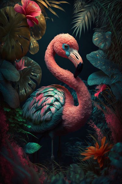 Portrait d'un flamant rose dans la jungle par Digitale Schilderijen