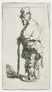 Staande bedelaar, leunend op een stok, naar links, Rembrandt van Rijn