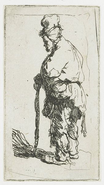 Stehender Bettler, an einen Stock gelehnt, links, Rembrandt van Rijn von Ed z'n Schets