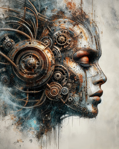 Mechanical Mind – Futuristisch cyborgportret | Industriële sci-fi-wanddecoratie