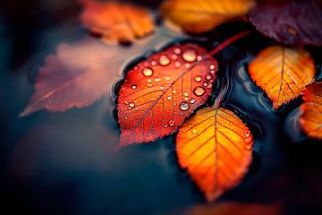 Feuilles d'automne avec gouttes d'eau sur Poster Art Shop