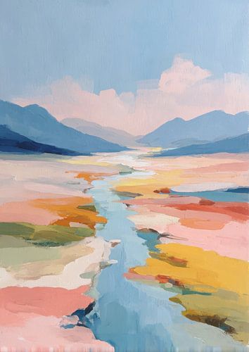 Pastel rivierlandschap - Minimalistisch