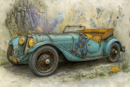Drawing of a vintage car, dreams and nostalgia - 