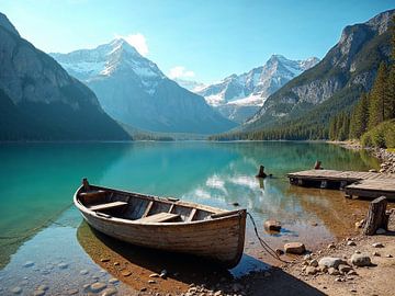 An old rowing boat lies on the shore of a mountain lake by Rüdiger Rebmann