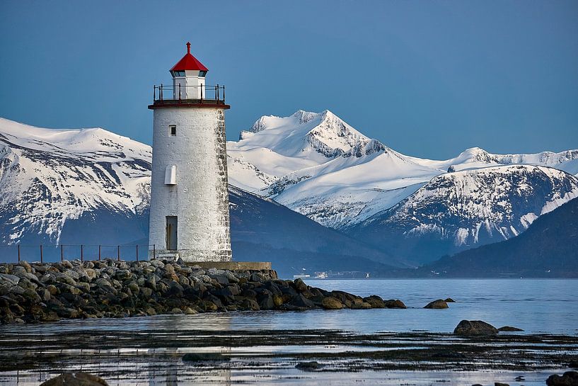 Høgstein lighthouse watches over the Sunnmøre Alps, Godøy, Norway by qtx