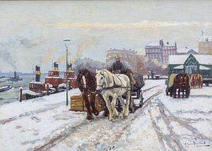 Eine Pferdekutsche auf einem verschneiten Kai in Rotterdam