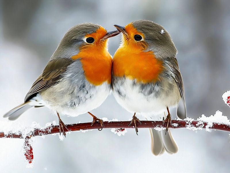 Rotkehlchen Zärtlicher Moment im Winter von Max Steinwald