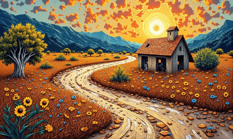 Rural Landscape with House, Road, Flowers, and Sunset by Markus Gann