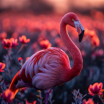 Pink Flamingo Standing In A Field Of Flowers