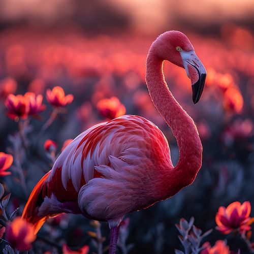 Un flamant rose debout dans un champ de fleurs