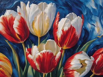 Tulipes hollandaises en rouge, blanc et bleu sur Jolique Arte