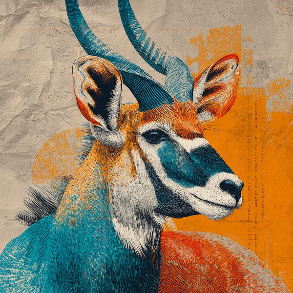 Antelope in Pop Art Portrait with Orange and Blue by Eva Lee