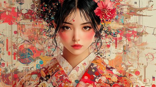 Femme japonaise en kimono rouge