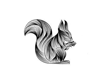 Poster d'écureuil - Illustration au trait fin - Noir et blanc sur Studio Tosca