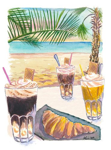 Le plaisir d'un café tropical sur la plage avec un palmier et un croissant