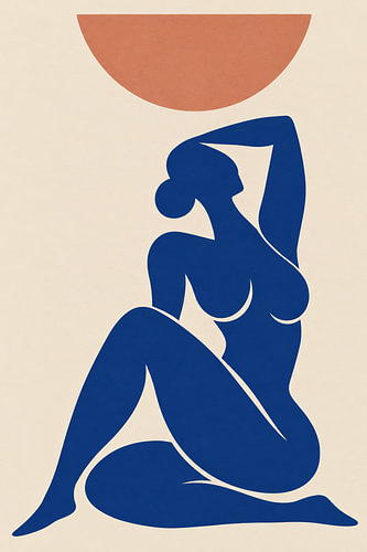 Abstrakte Aktkunst, inspiriert von Henri Matisse, minimalistische Frauenfigur, Kunstwerk im modernen Matisse-Stil