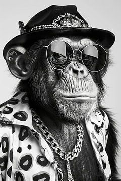 Stijlvol geklede chimpansee met zonnebril en hoed van Poster Art Shop