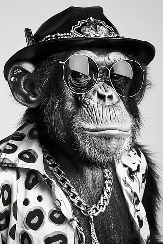 Stijlvol geklede chimpansee met zonnebril en hoed