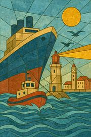 Cubist harbour scene with a steamer by Sabine Wagner