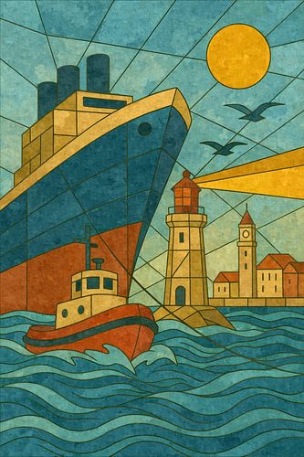 Cubist harbour scene with a steamer by Sabine Wagner