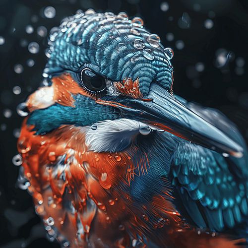 Ijsvogel close-up met waterdruppels sketch digital art