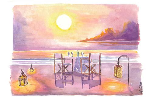 Dîner romantique au coucher du soleil à Serene Beach.