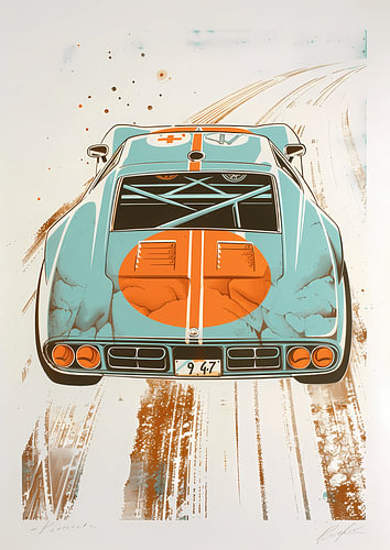 Klassieke raceauto, achteraanzicht – Vintage motorsportposter in lichtblauw en oranje