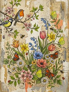 Botanische Lente:  Voorjaarsbloemen met vogels en vlinders
