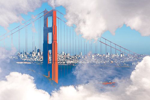 Dubbele belichting Golden Gate Bridge achter wolken