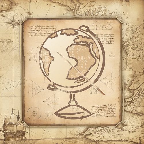 Wereldbol met wijzer. Vintage kunstwerk in ouderwetse stijl voor aardrijkskundeleraren.