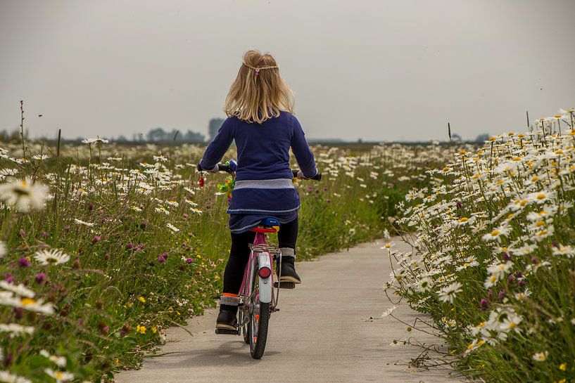 Meisje fietsend door een  bloemen zee von piet douma