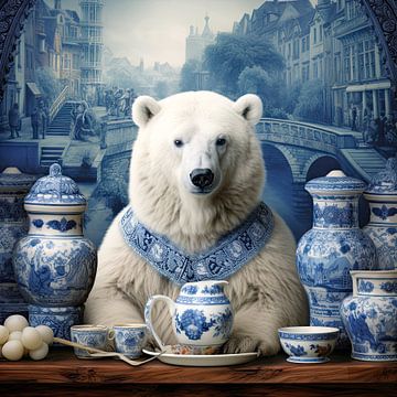 IJsbeer dieren portret in Delfts blauw     van Vlindertuin Art