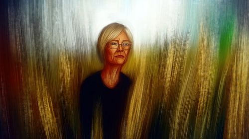 Peinzende vrouw in abstracte lijnen