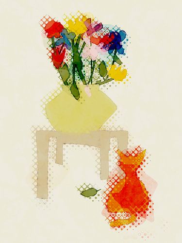 Bloemenvaas op tafel met kat