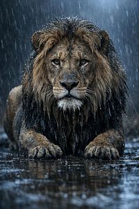 Lion sous la pluie battante – portrait sauvage puissant et intense