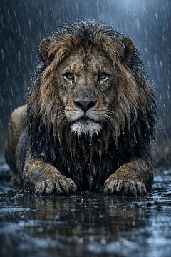 Lion in the pouring rain – powerful wildlife portrait full of intensity