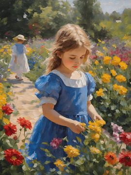 Impressionisme meisje in een bloementuin van Jolique Arte