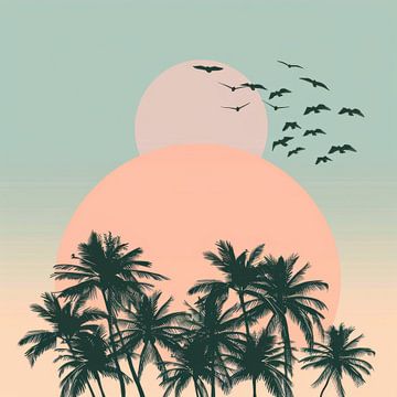 Palmbomen en vogels bij zonsondergang van Poster Art Shop