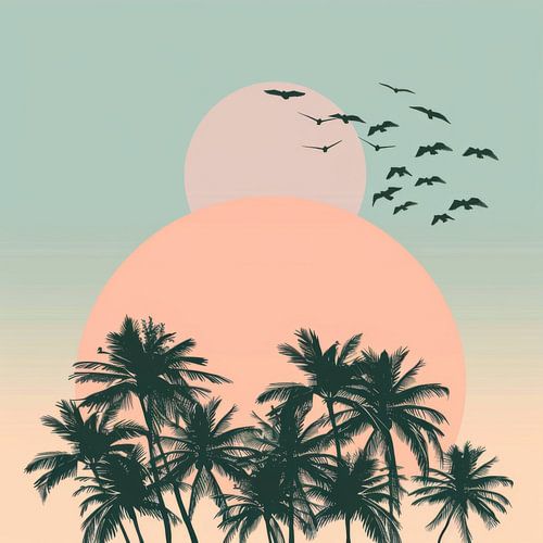 Palmbomen en vogels bij zonsondergang