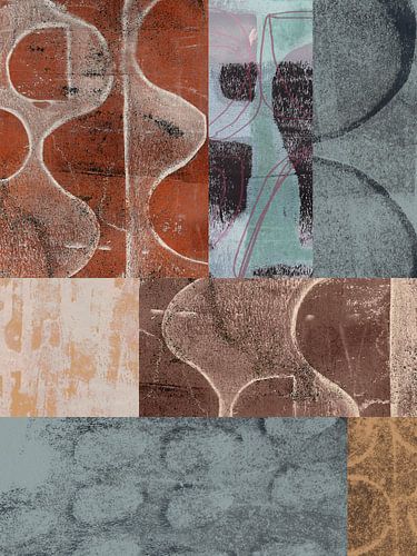 Abstracte organische en geometrische vormen. Collage in warm grijs, terra en okergeel.