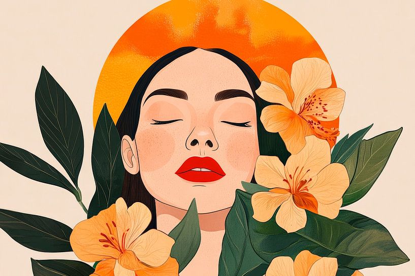 Frau mit roten Lippen und Blumenpracht von Poster Art Shop