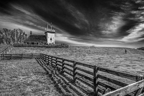 The lighthouse of Workum in Friesland in black and white