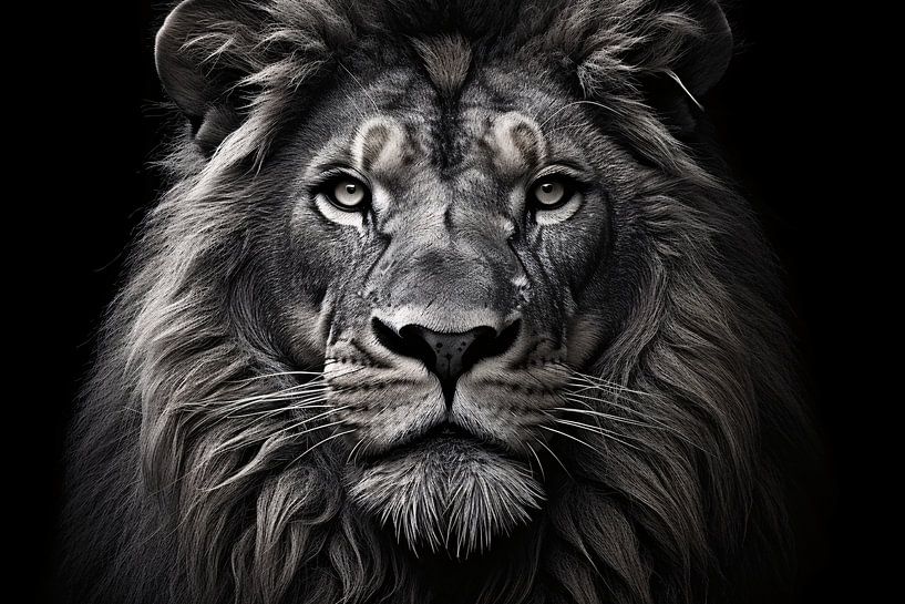 Black-and-white portrait of a lion by Art & Soul Creations