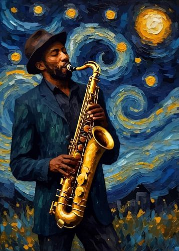 Man speelt saxofoon onder sterrenhemel