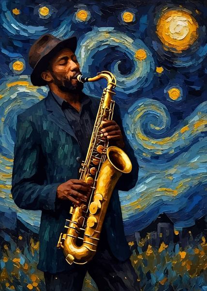 Homme jouant du saxophone sous une nuit étoilée par MIROKKU
