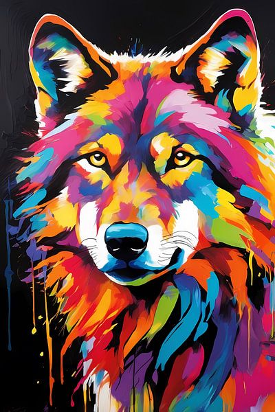 Colourful wolf pop art painting by Art & Soul Creations