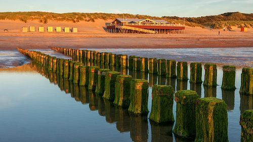 Golfbrekers op het strand in avondlicht